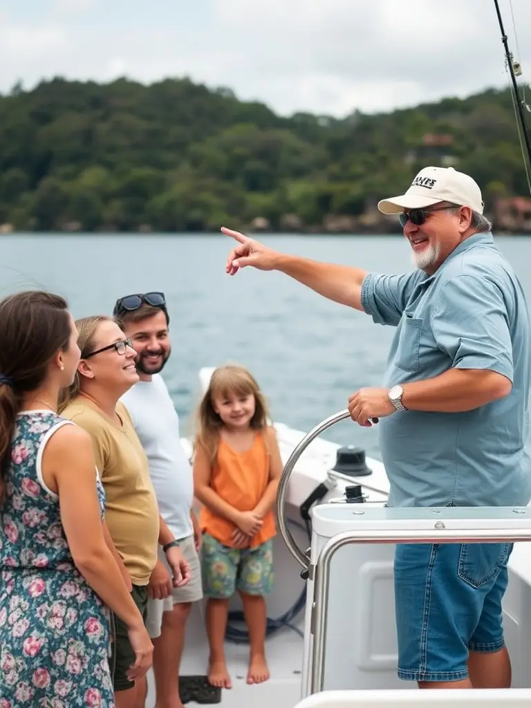 A photo of Captain Joe expertly guiding a family of four on a calm inshore fishing trip, showcasing his friendly demeanor and expertise.