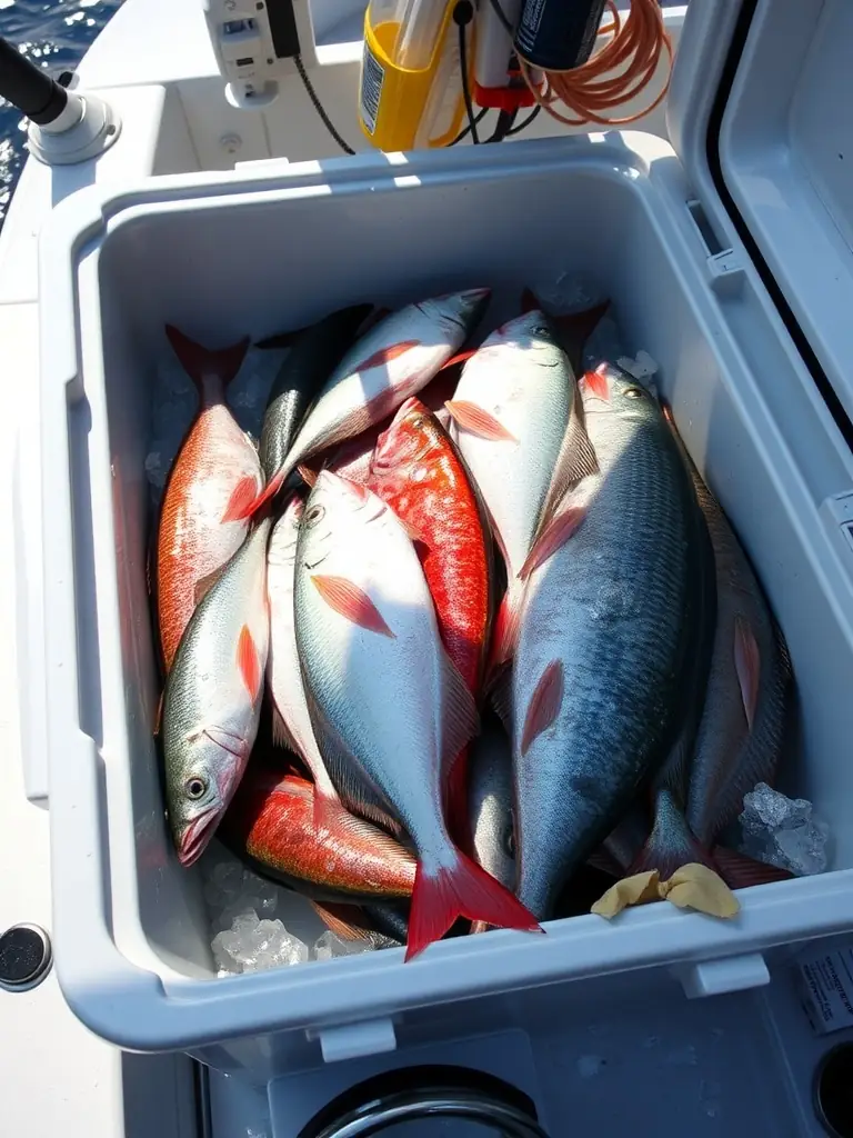 A photo of a cooler full of fish caught on a charter, showcasing the success and bounty of a fishing trip with Two For Hooking.