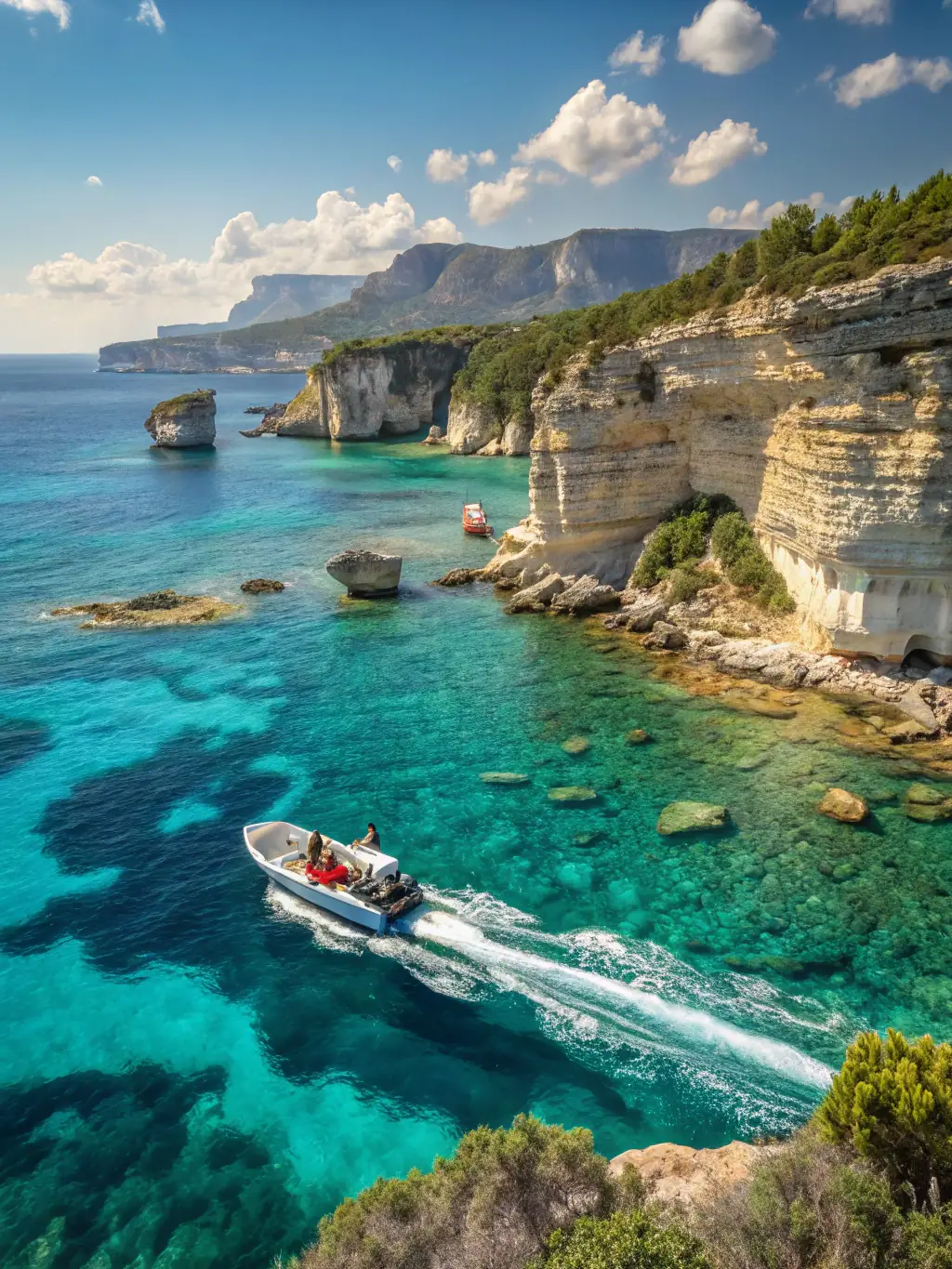 A picturesque scene of a private charter boat cruising near a secluded island, with dolphins playfully swimming alongside.