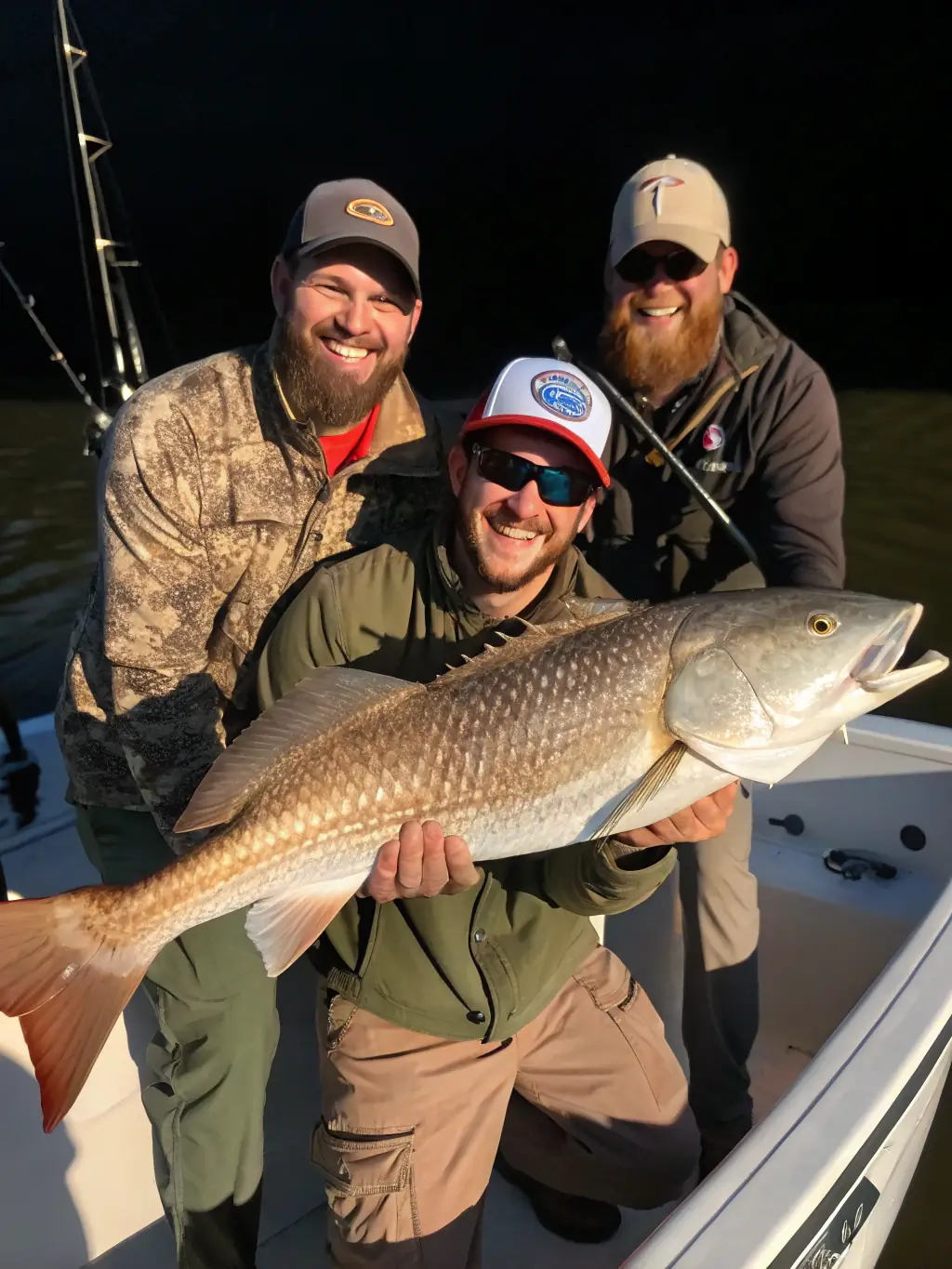 A picture of a group of happy customers holding up their impressive catch of the day, highlighting their excitement and satisfaction.