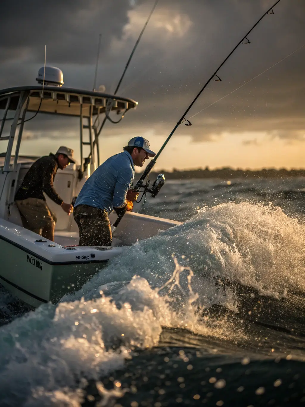 An action shot of an angler battling a large tarpon just off the coast of Sanibel Island, showcasing the excitement of nearshore fishing.