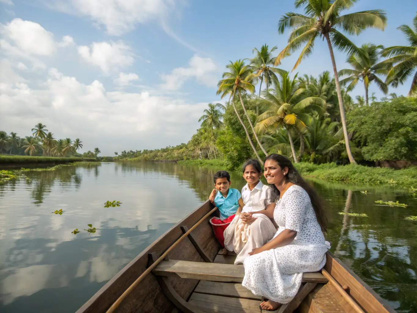 A family enjoying a calm inshore fishing trip, with clear skies and calm waters, showcasing the relaxed atmosphere of inshore fishing.