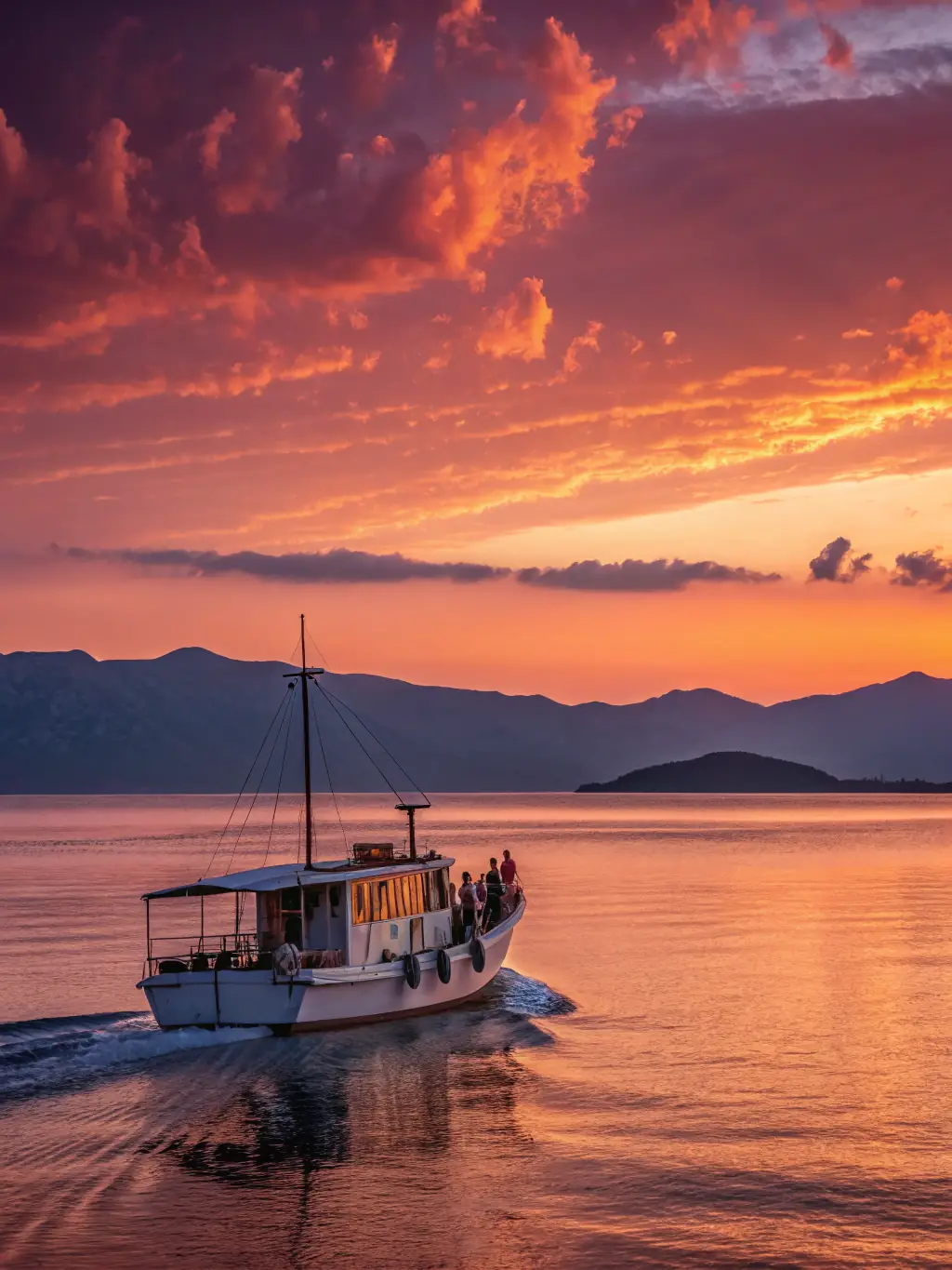 A scenic shot of the charter boat cruising through the beautiful waters around Sanibel Island at sunset, capturing the tranquility and beauty of the location.