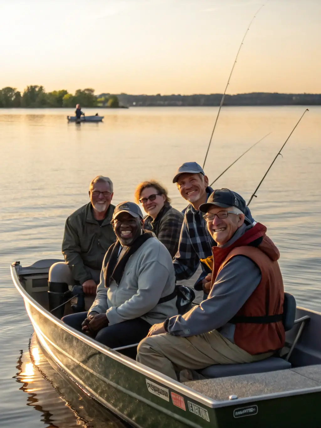 A photo of a group of friends laughing and celebrating a successful fishing trip, highlighting the camaraderie and fun of a charter experience.