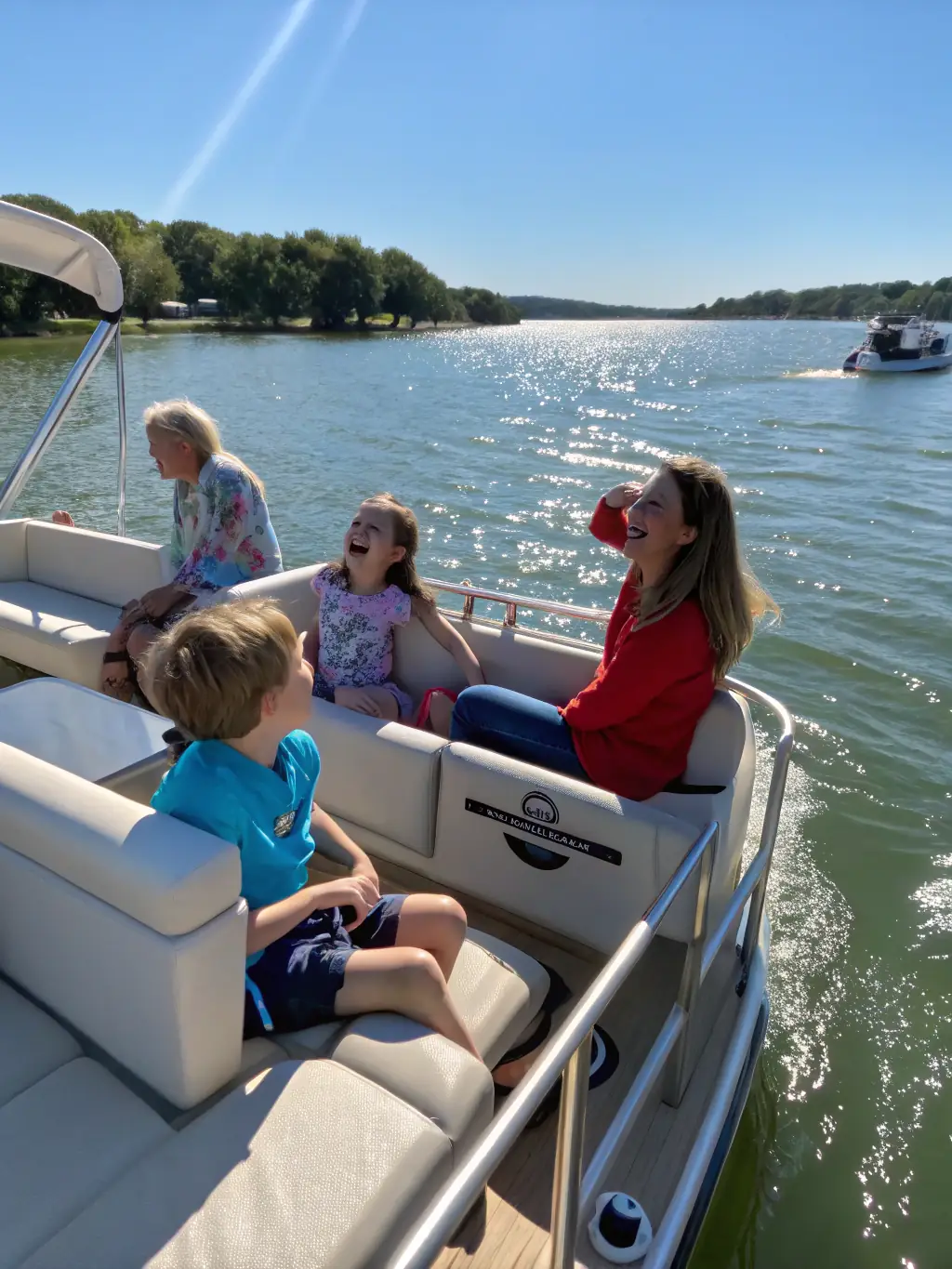 A vibrant image showcasing a family enjoying a relaxed inshore fishing trip on calm waters, with Sanibel Island in the background.