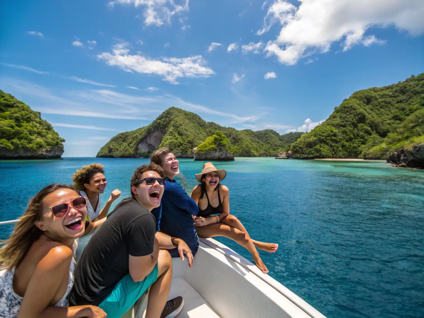 A group of friends laughing and enjoying a custom charter experience, with a boat tailored to their specific interests and activities.