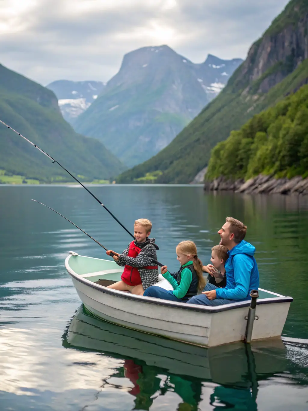 A vibrant photograph capturing a family enjoying inshore fishing, with calm waters and lush greenery in the background, showcasing the relaxed and family-friendly atmosphere of Two For Hooking's inshore charters.