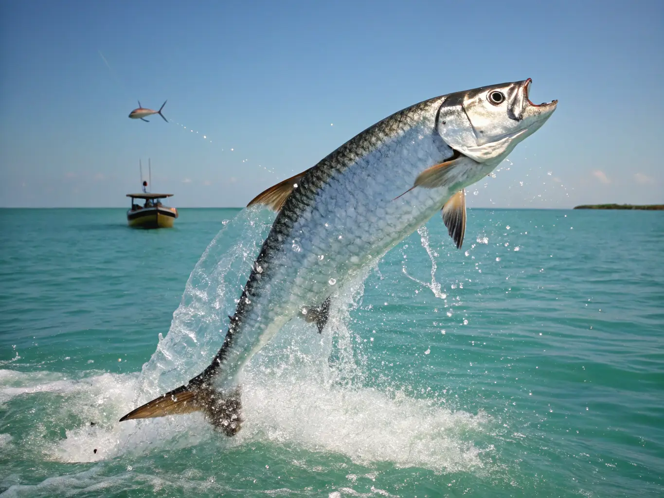 An angler reeling in a large tarpon near the coast, with a focused expression and the ocean stretching out behind them.